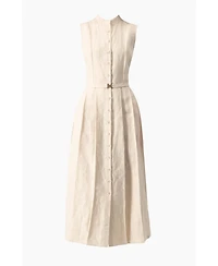 Ivonne Women's Linen Belted Band Collar Midi Shirtdress