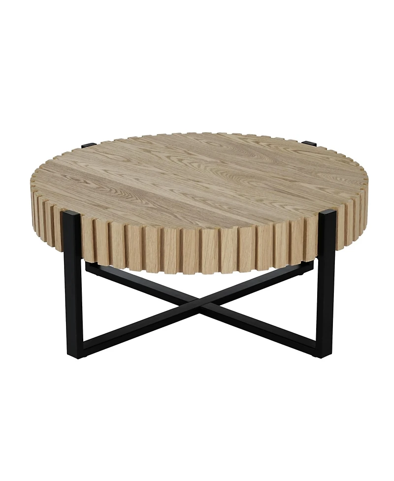 Flynama 31.5" Round Drum Coffee Table Mdf Wood Grain Industrial Metal Base