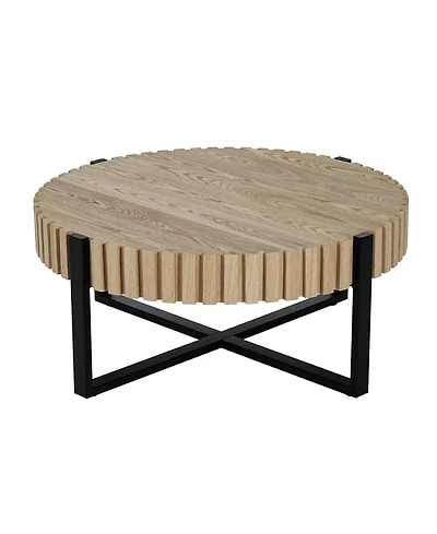 Flynama 31.5" Round Drum Coffee Table Mdf Wood Grain Industrial Metal Base