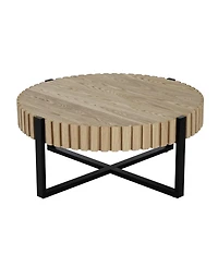 Flynama 31.5" Round Drum Coffee Table Mdf Wood Grain Industrial Metal Base