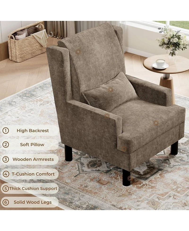 homfan Set of 2 Wingback Accent Chairs - Mid-Century Chenille Reading Chair, High Back, 5.1" Cushion, Wood Frame and Lumbar Pillow, 350 lbs
