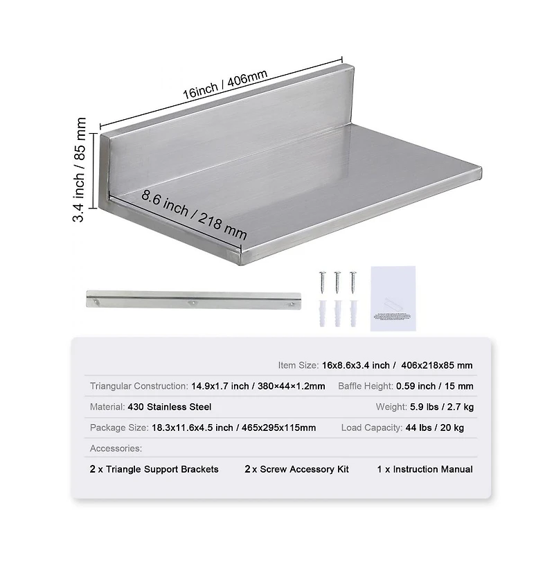 Slickblue Stainless Steel Floating Wall Shelves Set of 2 with Backsplash for Restaurant Kitchen Storage