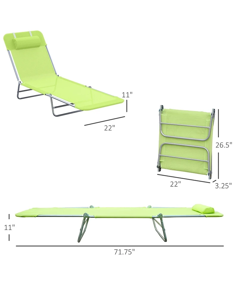 Mountaintop Folding Chaise Lounge Chair, Green, Portable, 6-Level Adjustable Back, Pillow Included, Ideal for Patio, Garden, Beach