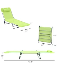 Mountaintop Folding Chaise Lounge Chair, Green, Portable, 6-Level Adjustable Back, Pillow Included, Ideal for Patio, Garden, Beach