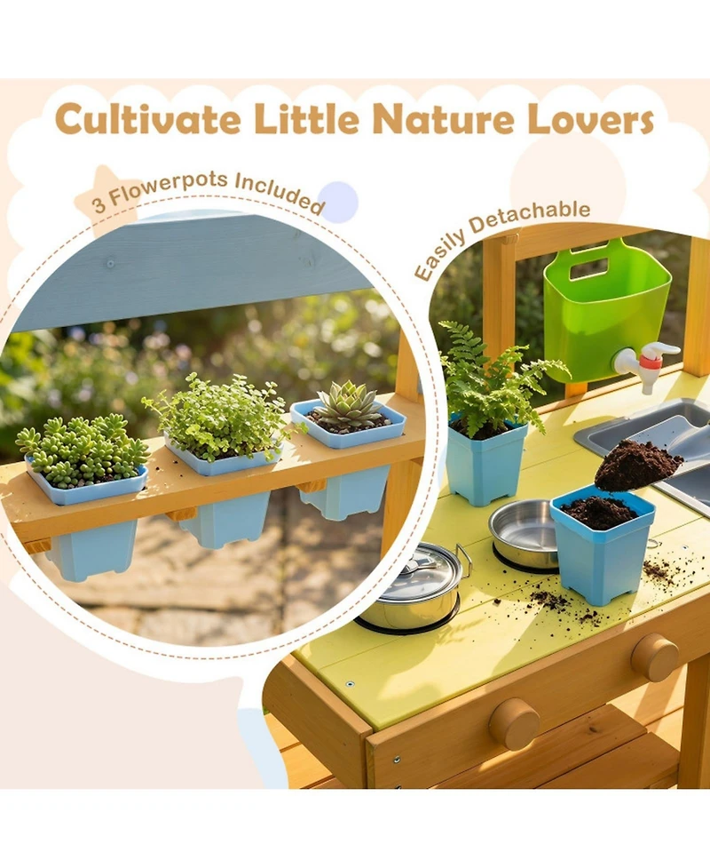 Sugift Mobile Wooden Mud Kitchen with 3 Flowerpots and Cooking Accessories, Ages 3+
