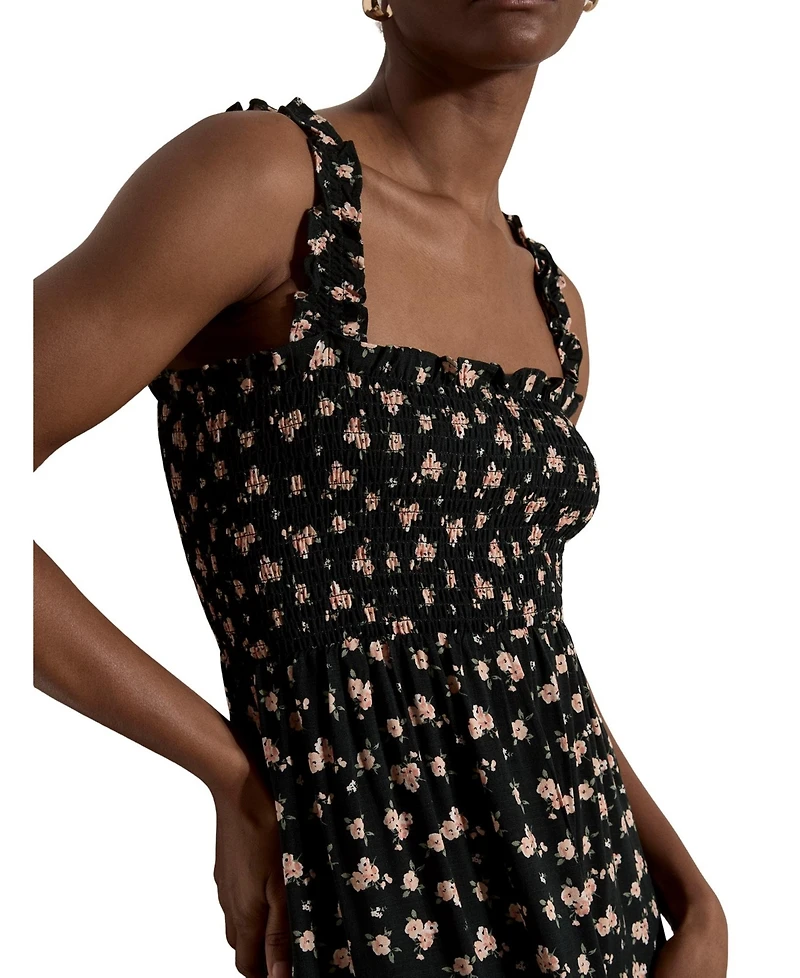 Apricot Women's Floral-Print Square Neck Smocked Midi Dress
