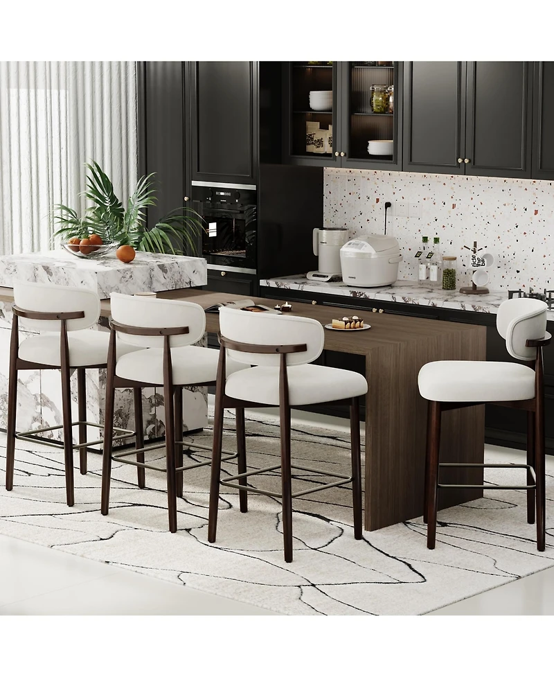 gaomon Set of 4 Upholstered Counter Height Bar Stools with Wood Legs and Curved Back, Linen Kitchen Island Chairs with Footrest