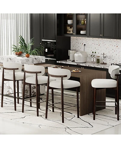 gaomon Set of 4 Upholstered Counter Height Bar Stools with Wood Legs and Curved Back, Linen Kitchen Island Chairs with Footrest