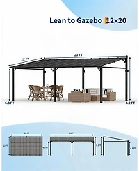 12x20 Ft Wall Mounted Hardtop Gazebo, Aluminum Lean To Pergola with 6mm Polycarbonate Roof, Uv Resistant Outdoor Patio Shelter for Backyard Deck