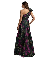 Mac Duggal Petite One Shoulder Floral Brocade Ball Gown with Bow