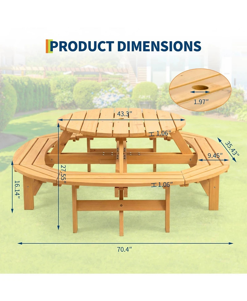 8 Person Wooden Picnic Table, Outdoor Model with 4 Built-in Benches, Circular Dining Set with Umbrella Hole for Garden Patio Backyard