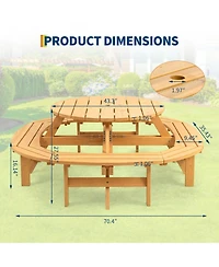 8 Person Wooden Picnic Table, Outdoor Model with 4 Built-in Benches, Circular Dining Set with Umbrella Hole for Garden Patio Backyard