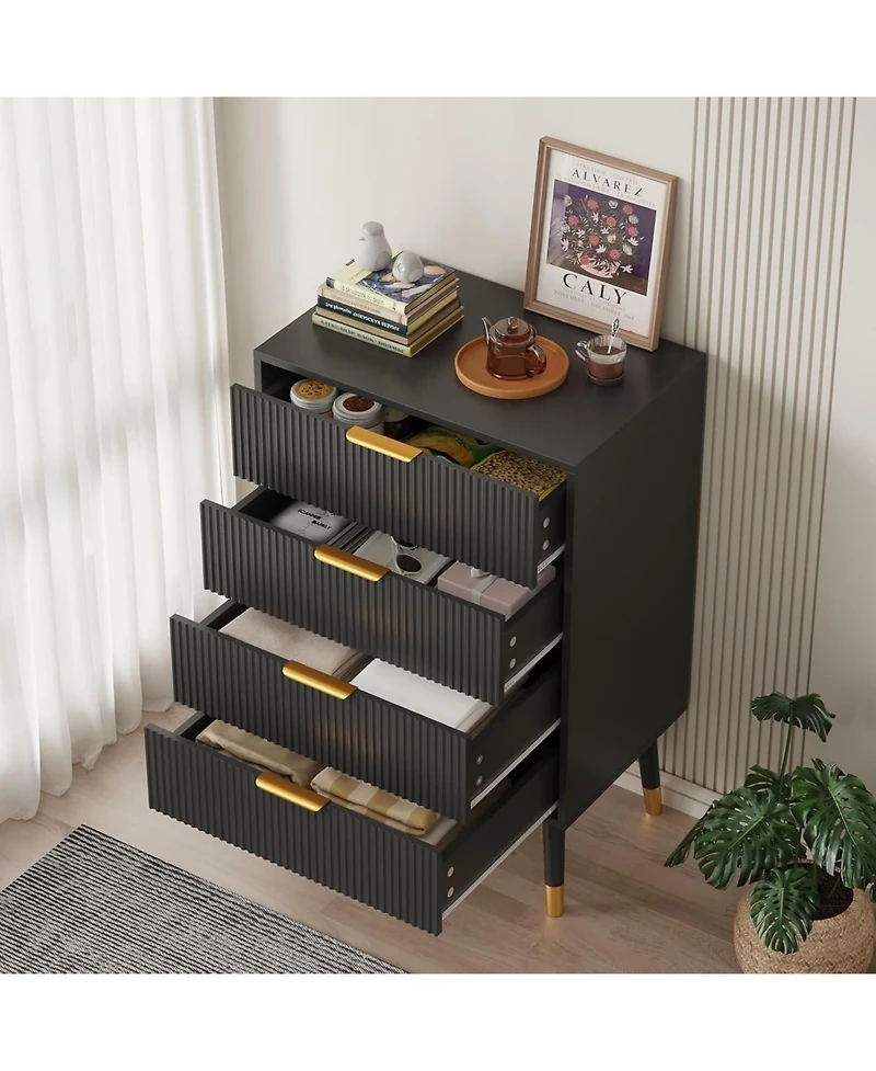 2 Set of Modern 4 Drawer Storage Chests, Compact Cabinet With Grooved Panels And Metallic Pulls, Fit Bedside, Bedroom And Entryway