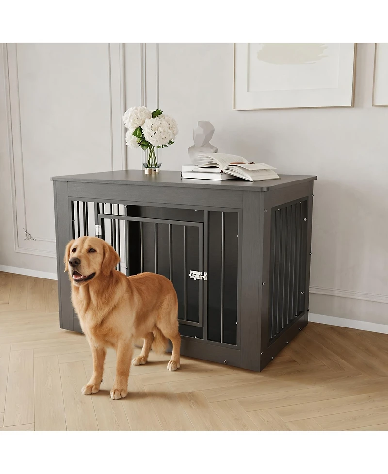 38.2 Inch 2-in-1 Iron and Wood Dog Crate Furniture, Farmhouse Pet Kennel, Works as Side Table, Slide Lock and Flat Top for Pets of Different Sizes
