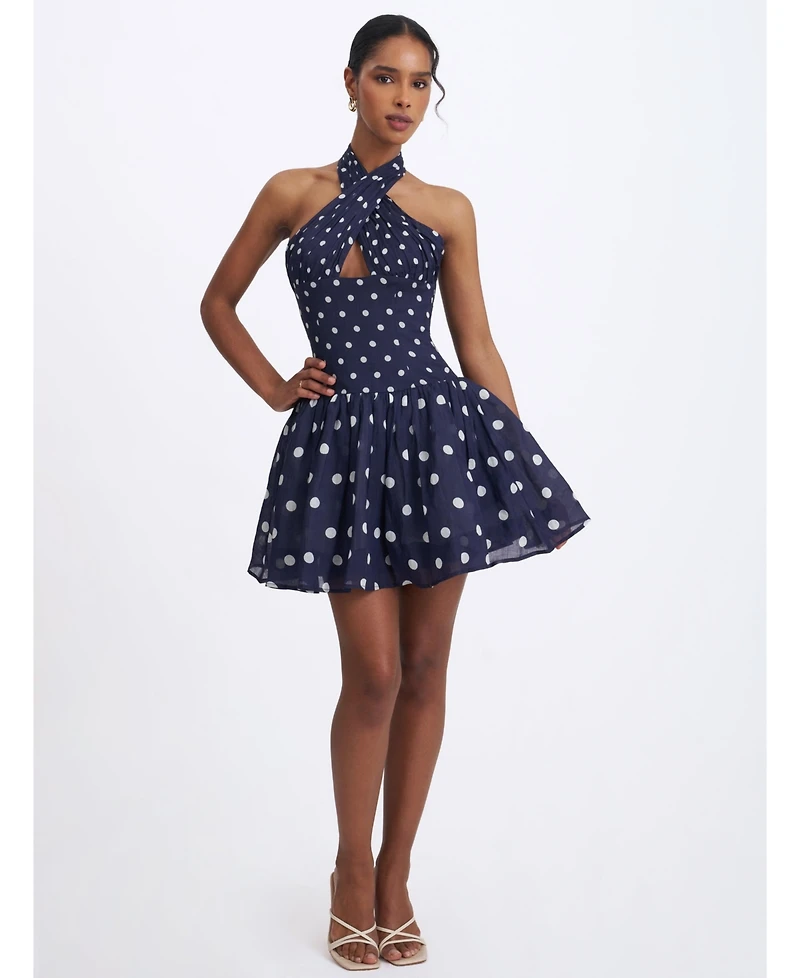 Miss Circle Women's Yamina Navy Polka Dot Ramie Crossover Halter Gathered Mini Dress