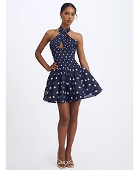 Miss Circle Women's Yamina Navy Polka Dot Ramie Crossover Halter Gathered Mini Dress
