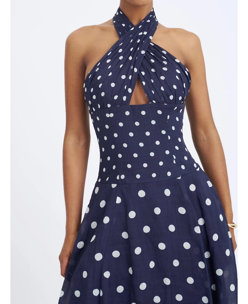 Miss Circle Women's Nuri Navy Polka Dot Ramie Crossover Halter A-Line Midi Dress