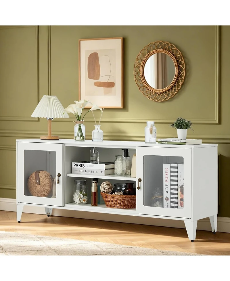 47.3" Modern White Metal Media Console with Glass Doors and Adjustable Shelves
