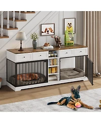 82" Double Dog Crate Furniture with Drawers and Shelves, Heavy Duty Wooden Dog Crate Tv Stand, Large Dog Kennel Indoor for 2 Medium/Large Dogs