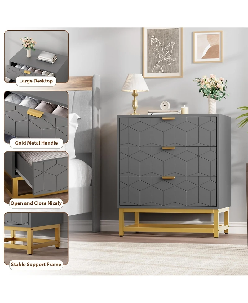 Dresser for Bedroom, 3 Drawer Dresser with Metal Legs, Wood Dressers Chest Organizer with Wide Storage, Modern Chest of Drawers for Bedroom, Hallway