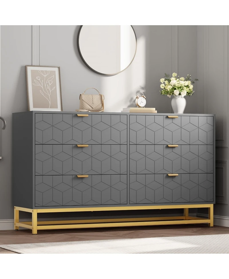 6 Drawer Dresser for Bedroom, 53.5" Large Dresser with Metal Legs, Modern Chest Organizer with Wide Storage, Chest of Drawers for Bedroom, Entryway