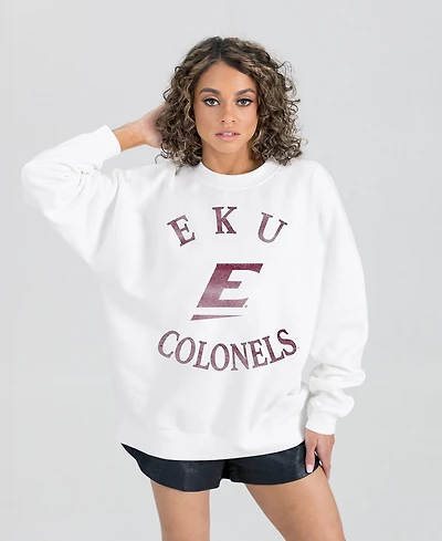 Gameday Couture Women's White Eastern Kentucky Colonels Oversized Good Vibes Premium Fleece Drop Shoulder Pullover Sweatshirt