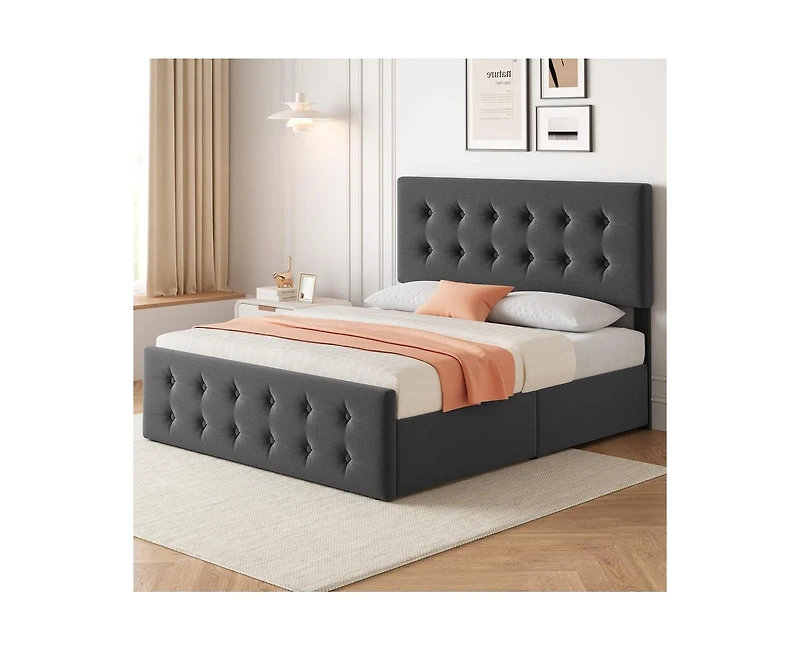 Queen Size Bed Frame with 4 Storage Drawers and Headboard, Linen Upholstered Platform Bed Frame with Wooden Slats Support, Button Tufted Design, No Bo