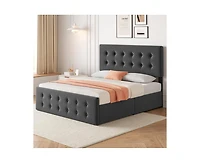 Queen Size Bed Frame with 4 Storage Drawers and Headboard, Linen Upholstered Platform Bed Frame with Wooden Slats Support, Button Tufted Design, No Bo
