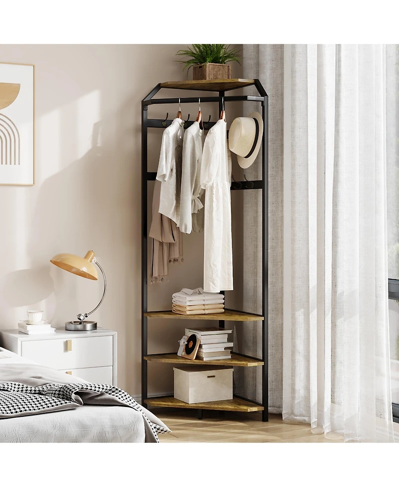 Corner Hall Tree Coat Rack with Shoe Bench, 12 Hooks and Hanging Rod, Space-Saving Storage Organizer for Entryway Bedroom Living Room