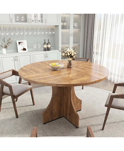 47" Round Dining Table for 4-6, Engineered Wood Kitchen Table with X-Shaped Stable Pedestal Base, Sleek Black Finish, for Dining Room and Apartment