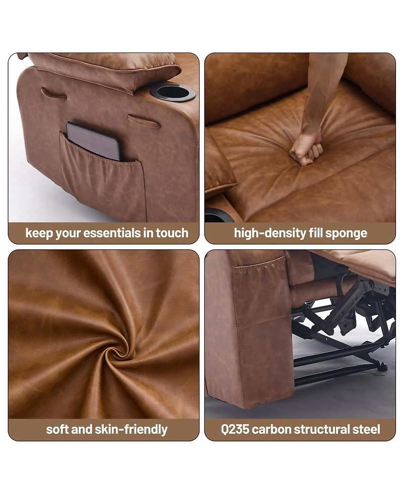 Oversized Manual Pu Leather Recliner Chair with Massage and Heating Function, Thickened Sponge Cushioned Single Lounge Sofa for Indoor Use