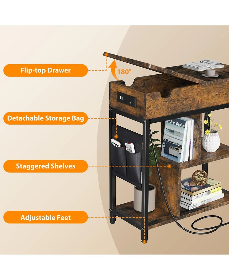 Narrow End Table with Charging Station and Turnover Storage Shelf, Rustic Brown Mdf Wood Side Table with Usb Ports for Living Room Bedroom Office