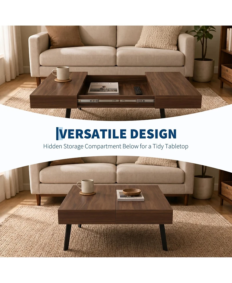 Walnut Coffee Table with Hidden Storage and Sliding Top, Engineered Wood Rectangular Cocktail Table for Living Room Apartment Office