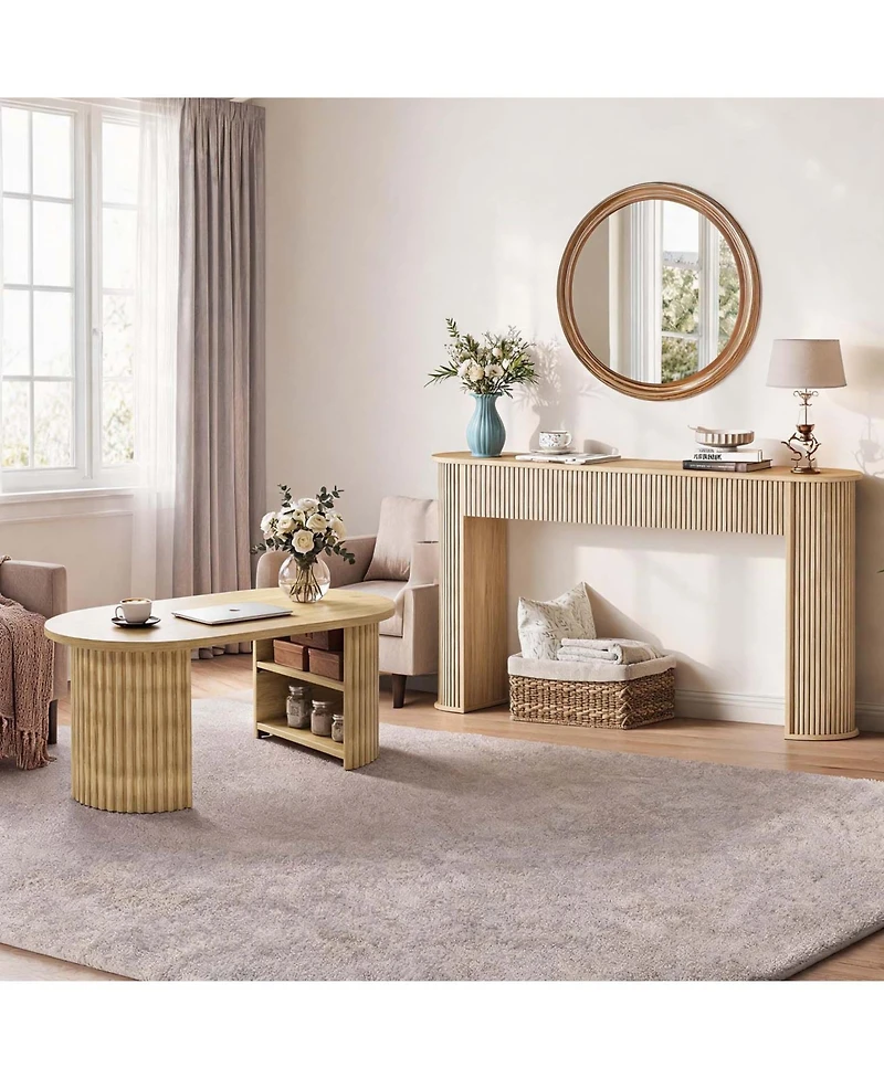 59" Fluted Console Table and 39" Oval Coffee Table 2-Piece Set, Mid Century Modern Wood Tone Sofa Table with Open Shelf for Entryway and Living Room