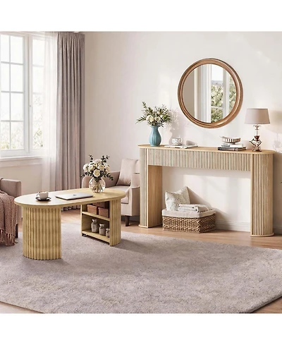 59" Fluted Console Table and 39" Oval Coffee Table 2-Piece Set, Mid Century Modern Wood Tone Sofa Table with Open Shelf for Entryway and Living Room