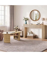 59" Fluted Console Table and 39" Oval Coffee Table 2-Piece Set, Mid Century Modern Wood Tone Sofa Table with Open Shelf for Entryway and Living Room
