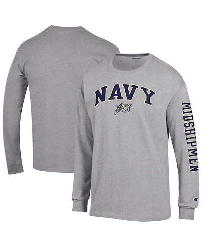 Champion Men's Heather Gray Navy Midshipmen Arch Over Logo 2-Hit Long sleeves T-Shirt
