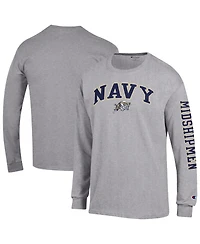 Champion Men's Heather Gray Navy Midshipmen Arch Over Logo 2-Hit Long sleeves T-Shirt