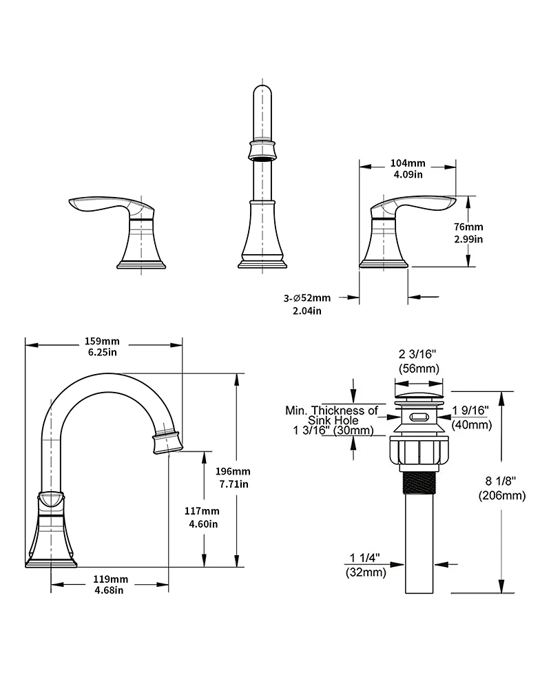 Thirtypeachy Two-Handle Widespread Bathroom Sink Faucet with 360degree(s) Swivel Spout, Ceramic Valve and Pop-Up Drain