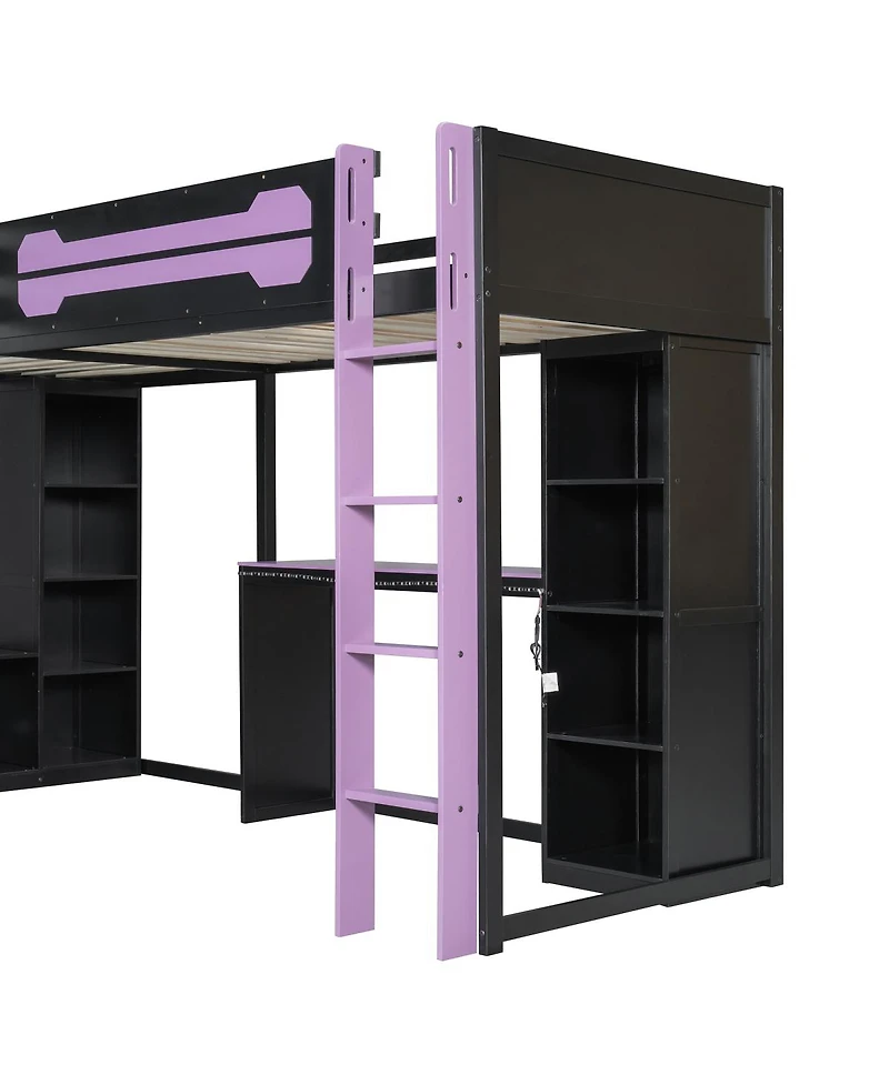 Streamdale Furniture L-Shaped Twin Gaming Loft Bed with Rgb Lights, Usb, and Storage