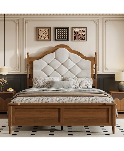 Streamdale Furniture Queen Size Vintage Mid-Century Wood Bed Frame with Upholstered Headboard