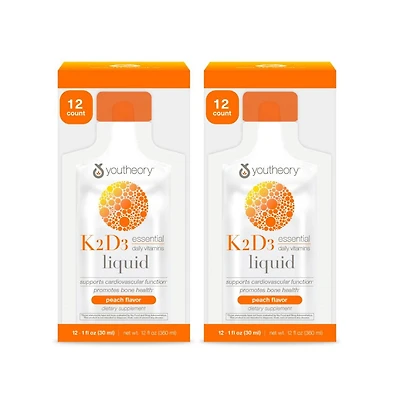 Youtheory K2 and D3 Daily Vitamin Supplement for Calcium Absorption, Liquid Peach Flavor, 12