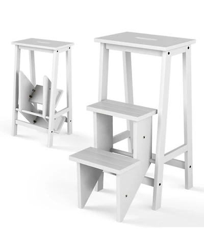 Sugift 3-in-1 Solid Wood Folding Step Stool Bench with 3 Tiers and Carrying Handle