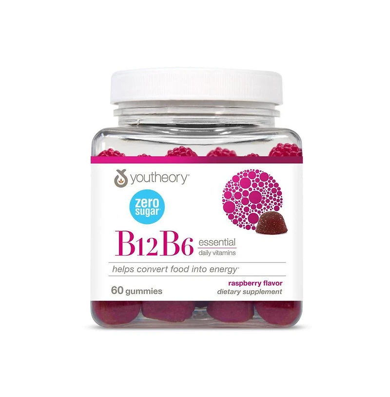 Youtheory B12B6 Vitamin B6 and Vitamin B12 Offers Brain Health, Energy and Immunity Support Dairy, Soy and Gluten Free 60 Gummies