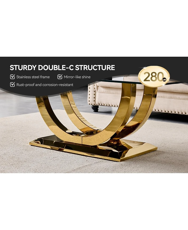 Streamdale Furniture Modern 50" Rectangular Coffee Table with Glass Top and Gold Base