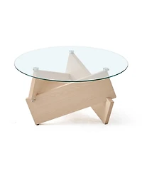 Streamdale Furniture Modern Round Farmhouse Coffee Table with Tempered Glass Top, Natural Wood