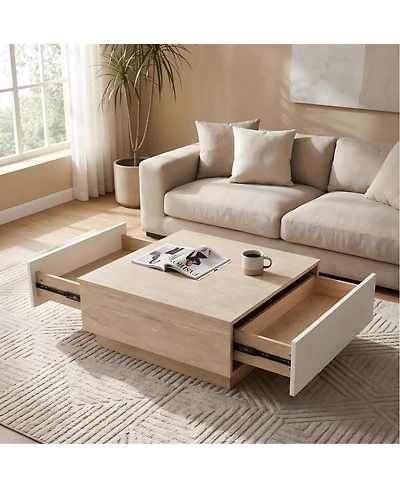 Streamdale Furniture Modern Faux Travertine Coffee Table with 2 Drawers, Stone Center Table