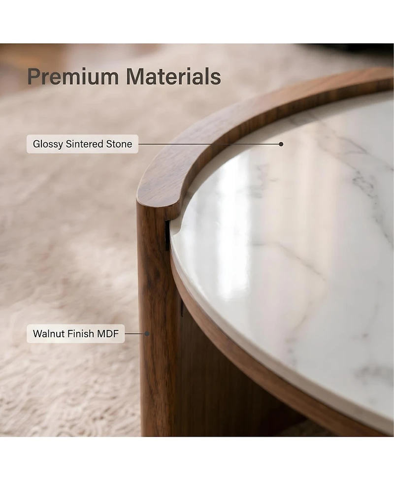 Streamdale Furniture Modern Round Sintered Stone Coffee Table with Walnut Legs