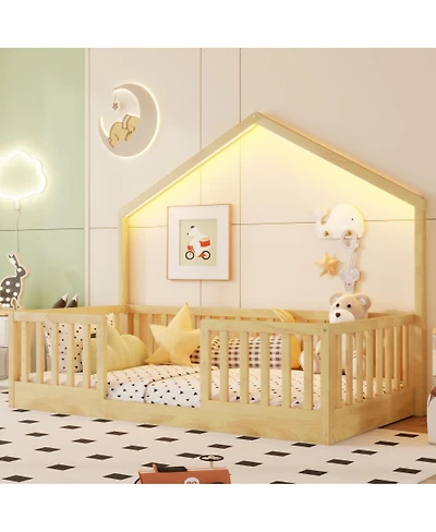 Streamdale Furniture Twin Floor Bed with High Rails and Light for Kids
