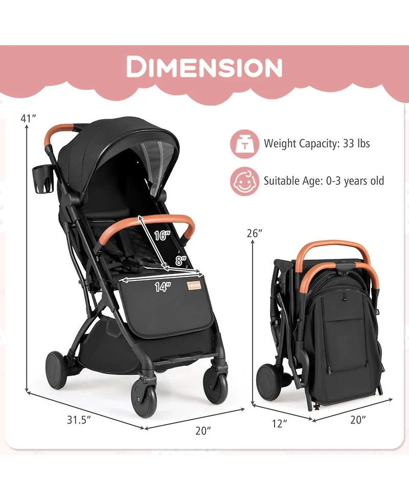 Costway Lightweight Baby Stroller with One-Hand Folding, Extendable Canopy